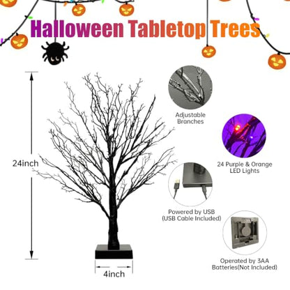 Orange Purple 2-Pack 24-Inch Black Halloween Trees with LED Lights & Timer