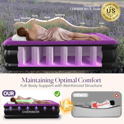 Full Air Mattress with Built-In Pump - 18 Inch Raised Support, Purple Flocked Surface