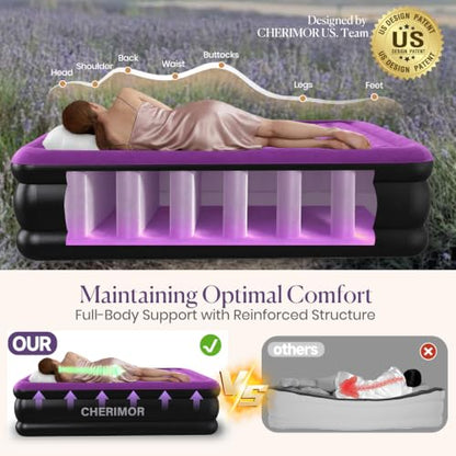 Full Air Mattress with Built-In Pump - 18 Inch Raised Support, Purple Flocked Surface