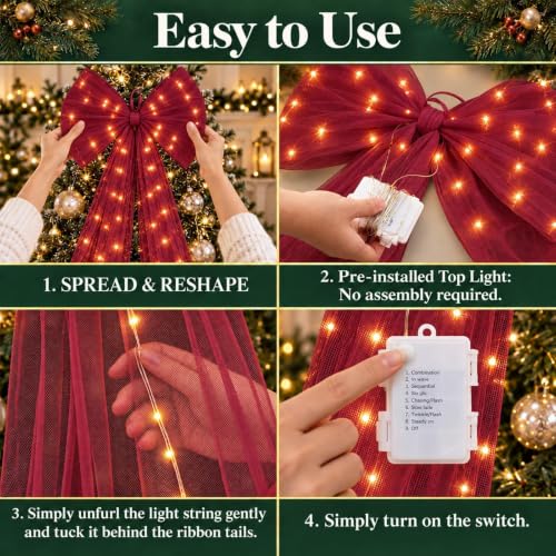 Burgundy Lighted Christmas Bow 71 Inch Tulle Tree Topper with Timer - Burgundy