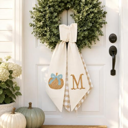 Personalized Fall Wreath Sash with Monogram and Embroidered Blue Pumpkin - Fall 09