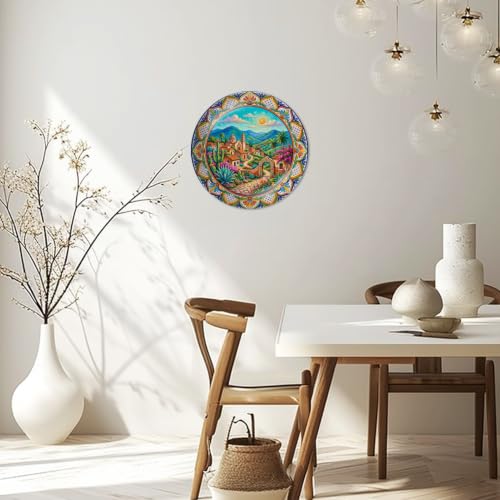 10-Inch Colorful Ceramic Decorative Plate with Stand & Wall Hook - Mexican Village Landscape