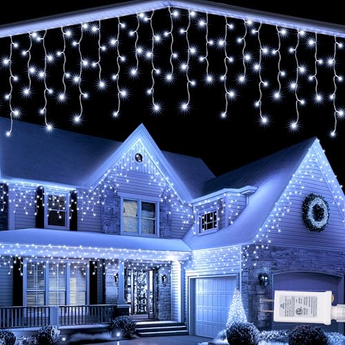 White Christmas Icicle String Lights 32Ft with 8 Modes & Timer - Waterproof Outdoor Decor