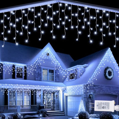 White Christmas Icicle String Lights 32Ft with 8 Modes & Timer - Waterproof Outdoor Decor