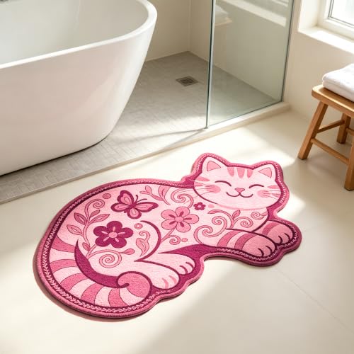 Pink Cat Bath Mat - Absorbent Rug for Bathroom, 19.7 x 31.5 Inches