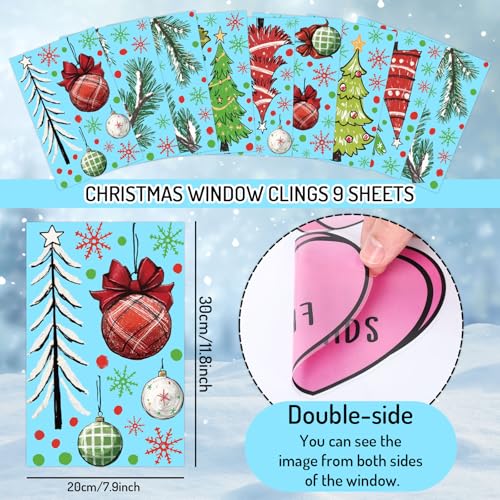 Christmas Window Clings Set - 9 Sheets Red-Green Holiday Decals for Winter Decor