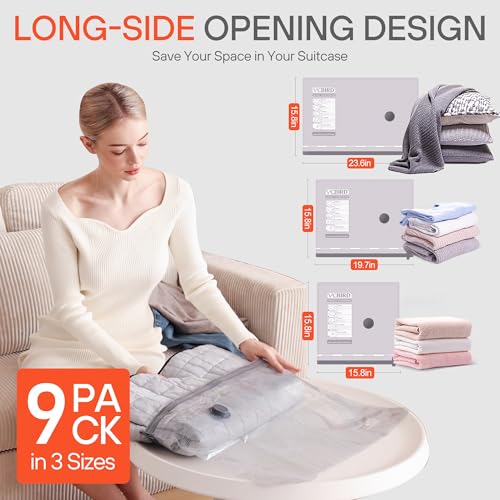 Travel Vacuum Storage Bags 9 Pack with 3 Sizes - Compression Packing for Clothing
