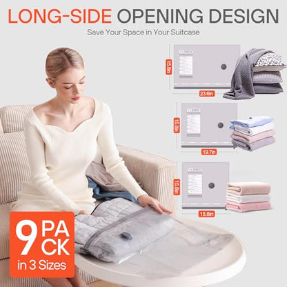 Travel Vacuum Storage Bags 9 Pack with 3 Sizes - Compression Packing for Clothing