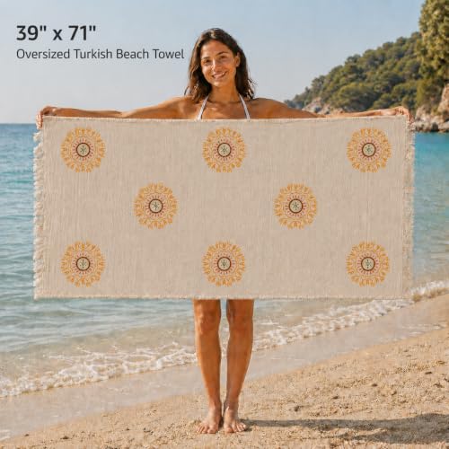 Aegean Halo Hand-Printed Turkish Cotton Beach Towel 39x71 - Natural Turkish Cotton Muslin