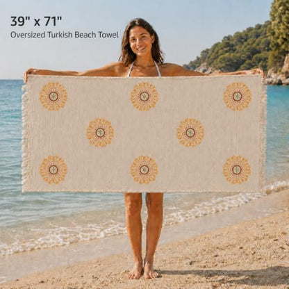 Aegean Halo Hand-Printed Turkish Cotton Beach Towel 39x71 - Natural Turkish Cotton Muslin