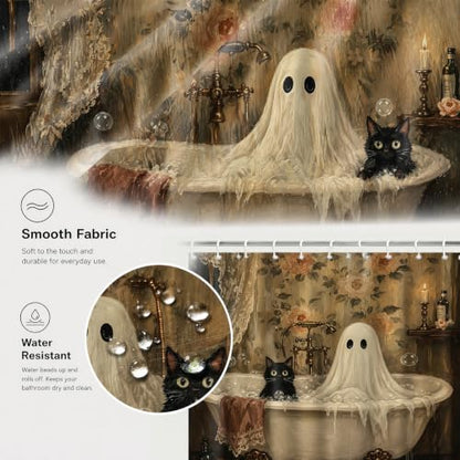 Halloween Shower Curtain Black Cat Ghost Bathroom Decor 71x71in
