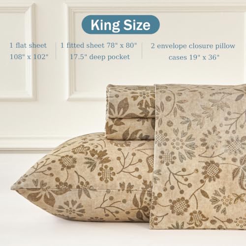 Vintage Sunflower Floral Bed Sheets Set King 100% Cotton Percale Bedding