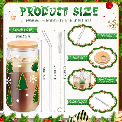 FillTouch 4 Pack Christmas Color Changing Glass Cups 16 oz with Lids & Straws - Variation 4