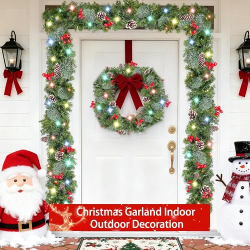 Prelit Christmas Garland with 50 LED Color Lights, Timer, 9Ft x 10In