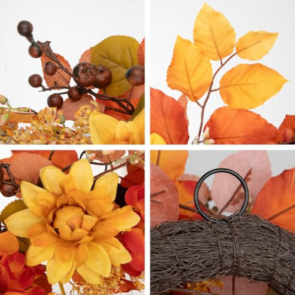 20 Inch Fall Orange Wreath with Red & Orange Accents for Front Door - Autumn Decor
