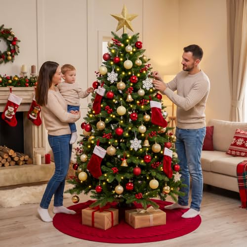 Benjia 48 Inch Knitted Christmas Tree Skirt Red 120cm Rustic Holiday Decor