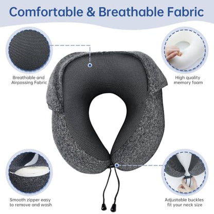 Travel Neck Pillow with Hood - Memory Foam Support for Flight & Car Sleep
