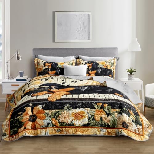 King Size Black Dachshund Dog Quilt Bed Set 3Pcs Pet Puppy Flower Bedding