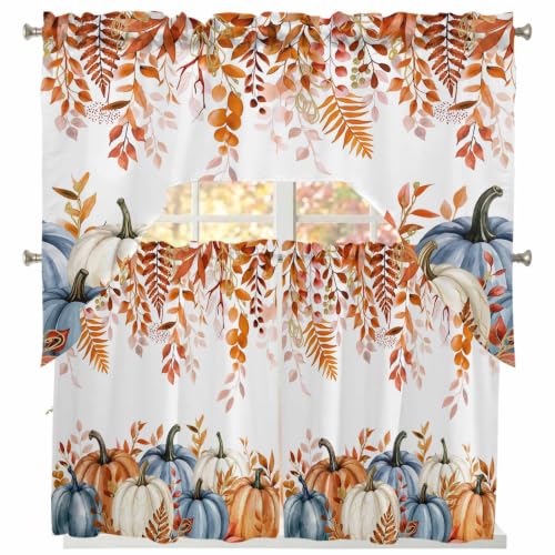 Fall Pumpkin Swag Curtain Set with Valance and Eucalyptus Leaves - 3 Pieces, 27.5W x 24L, Orange Blue White Terracotta Variation of THIS listing