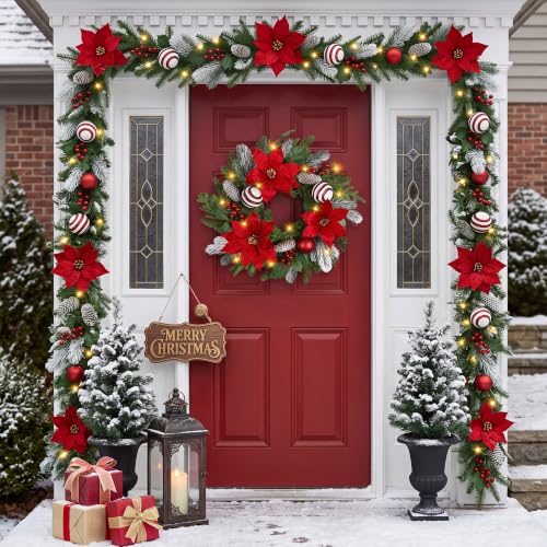 24-Inch Pre-Lit Christmas Wreath with 30 Lights and 8 Modes - Real Touch Pine