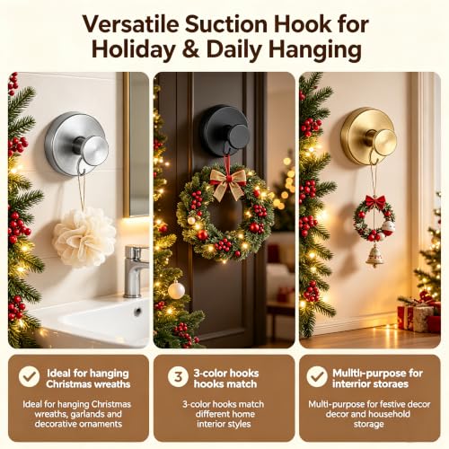 Black Suction Cup Hooks for Wreaths - No-Drill Wall Mounts, 2 Pack