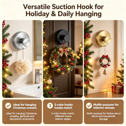 Black Suction Cup Hooks for Wreaths - No-Drill Wall Mounts, 2 Pack