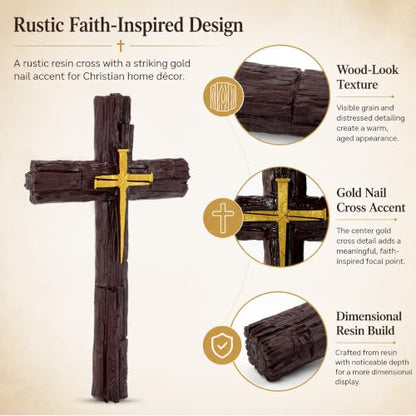 Rustic Christian Wall Cross - Resin Decor with Woodgrain Finish, 10.4 Inch