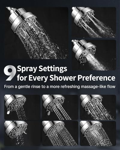 OFFO 9-Mode Filtered Shower Head with Built-In Cartridge, 5-Inch Fixed Chrome Shower Head with Adjustable Swivel - Variation of This Listing
