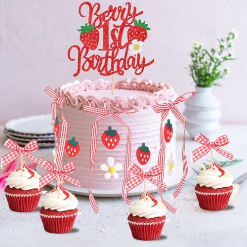 41 pcs Strawberry Cake Decorations Set with Bow & Flower Toppers - Design 19
