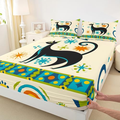 Queen Size Black Cat Bedding Set with Colorful Star Dots - 4Pcs Kids & Adults Bed Sheets