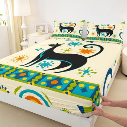 Queen Size Black Cat Bedding Set with Colorful Star Dots - 4Pcs Kids & Adults Bed Sheets