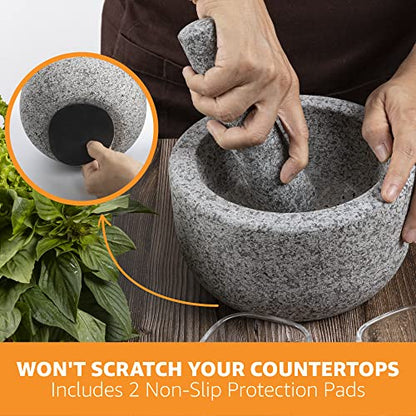 Heavy Duty Small Mortar and Pestle Set, Hand Carved from Natural Granite, Make Fresh Guacamole, Salsa, Pesto, Stone Grinder Bowl, Herb Crusher, Spice Grinder, 5.5" wide, 1.5 Cup, Grey