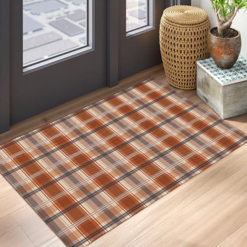 Fall Plaid Doormat - Burnt Orange Buffalo Check Entry Rug for Front Door & Home