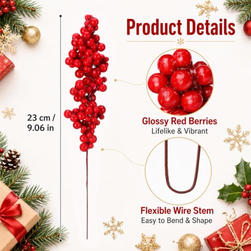 Artificial Red Berries Stems Bulk Pack 100 Pieces 10.6 Inch - Classic Variation
