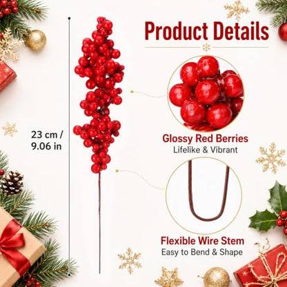 Artificial Red Berries Stems Bulk Pack 100 Pieces 10.6 Inch - Classic Variation