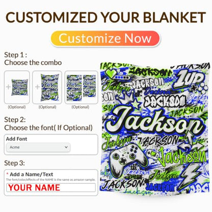 Custom Light Blue Gaming Blanket with Name for Boys - Kids Gift