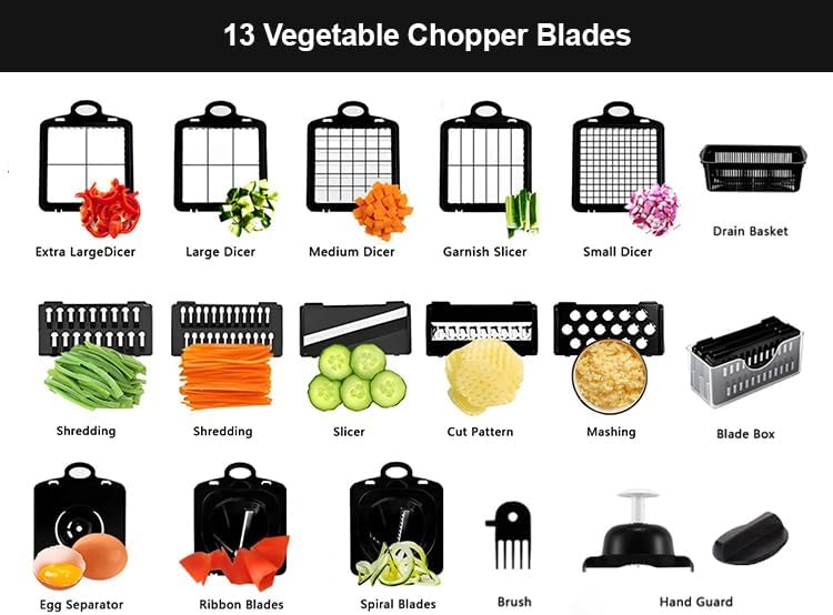 Vegetable Chopper 22-in-1 by [Brand Name] - 8 Blades, Onion Mincer & Egg Slicer with 1.3L Container