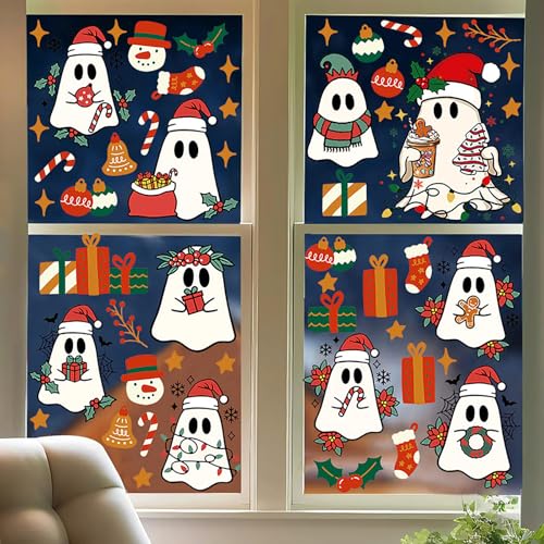 Self-Adhesive Christmas Ghost Window Clings - Style 8, Holiday Decor, 6 Sheets