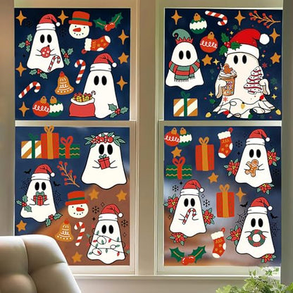 Self-Adhesive Christmas Ghost Window Clings - Style 8, Holiday Decor, 6 Sheets