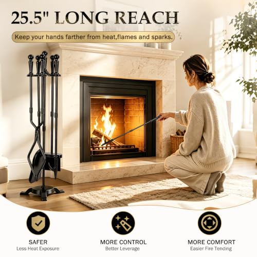 5-Piece Fireplace Tool Set with Stand - Wrought Iron, 29.5 Inches, Black