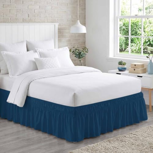 King Size Midnight Blue Bed Skirt 16 Inch Drop Elastic Wrap Around Dust Ruffle