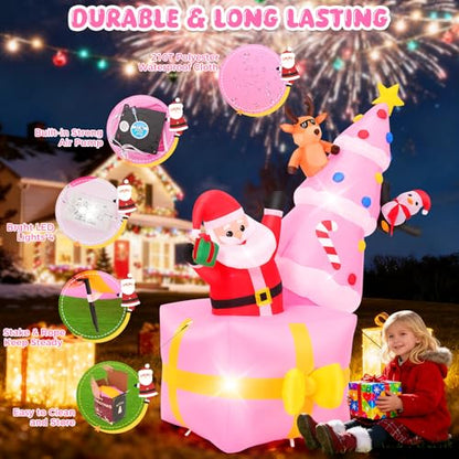 Pink Inflatable Christmas Tree - 8ft Outdoor Xmas Decor with Santa & LED Lights - Pink Christmas Tree Variation