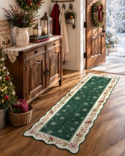 Lahome Green Christmas Bathroom Runner 2x6 Non Slip Washable Rug - Snowflake Edges