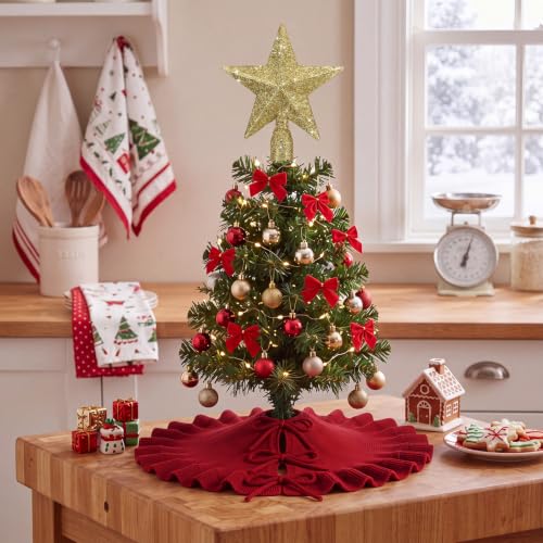 Red Knitted Mini Christmas Tree Skirt 18" with Gold Star Tree Topper - Holiday Decor
