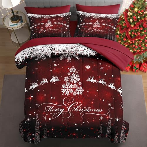 Queen Christmas Snowflake Comforter Set with Sheets - 7 Pieces Dark Bedding
