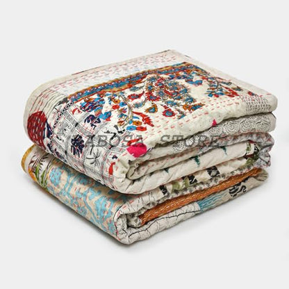 White Super King 108x108 Inch Handmade Patchwork Kantha Quilt Bedcover