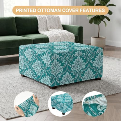 Stretch Square Ottoman Cover with Nonslip Bottom - Blue Damask Plant, Large