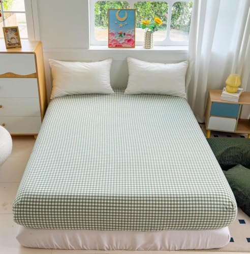 Green Gingham King Fitted Sheet Deep Pocket 16 Inch Washed Cotton Bedding