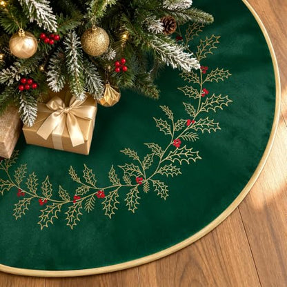Christmas Tree Skirt 36 Inch Green Velvet with Embroidered Holly Leaves - Leaf Green
