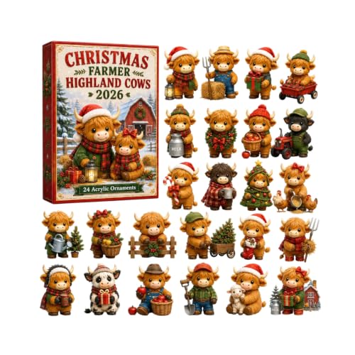 Christmas Highland Cow Advent Calendar 24 Acrylic Ornaments - Red2 Variation